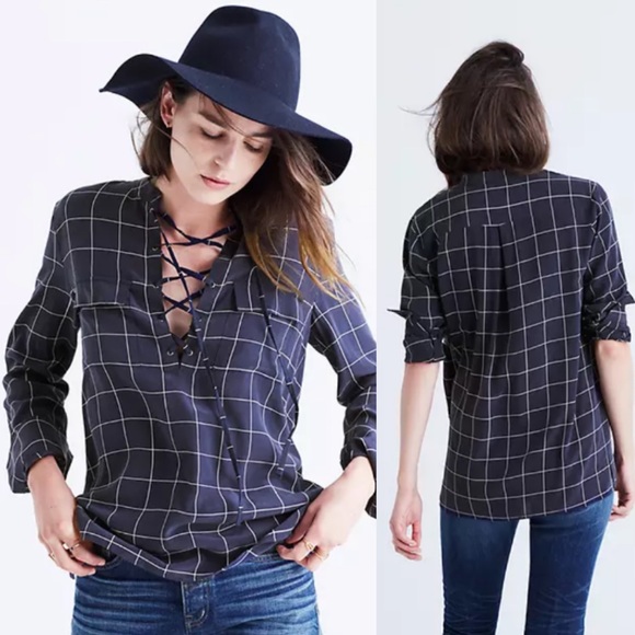 Madewell Tops - Madewell silk lace up shirt in windowpane plaid